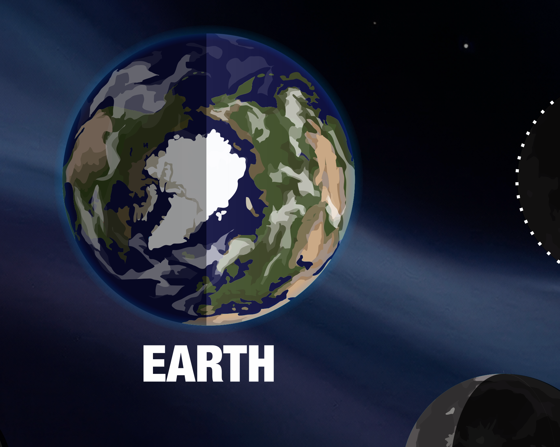 Earth from space with a spacecraft approaching, labeled 'EARTH'.